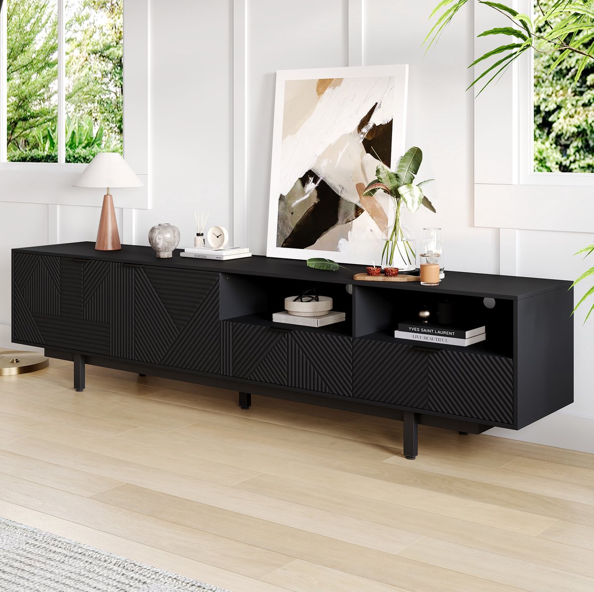 HAUSS SPOLE Dressoir - TV Meubel Met Geometrisch Lijnenpatroon En Opbergruimte - Voor Woonkamer - Spaanplaat - 200x40x51 Cm - Zwart