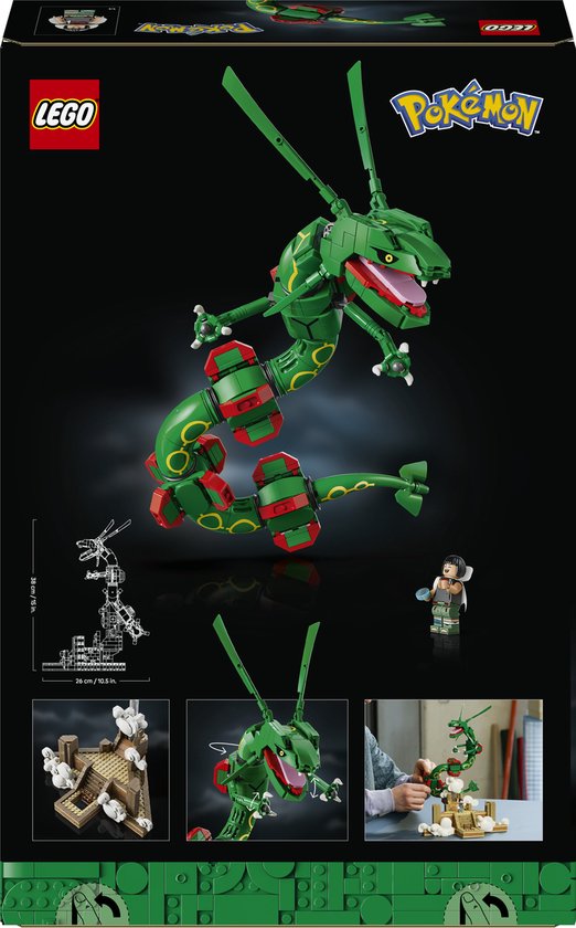 Achterkant LEGO Rayquaza Pokémon bouwpakket 72168: groene draak, altaar, en demonstratieafbeeldingen.