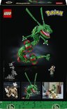 Achterkant LEGO Rayquaza Pokémon bouwpakket 72168: groene draak, altaar, en demonstratieafbeeldingen.