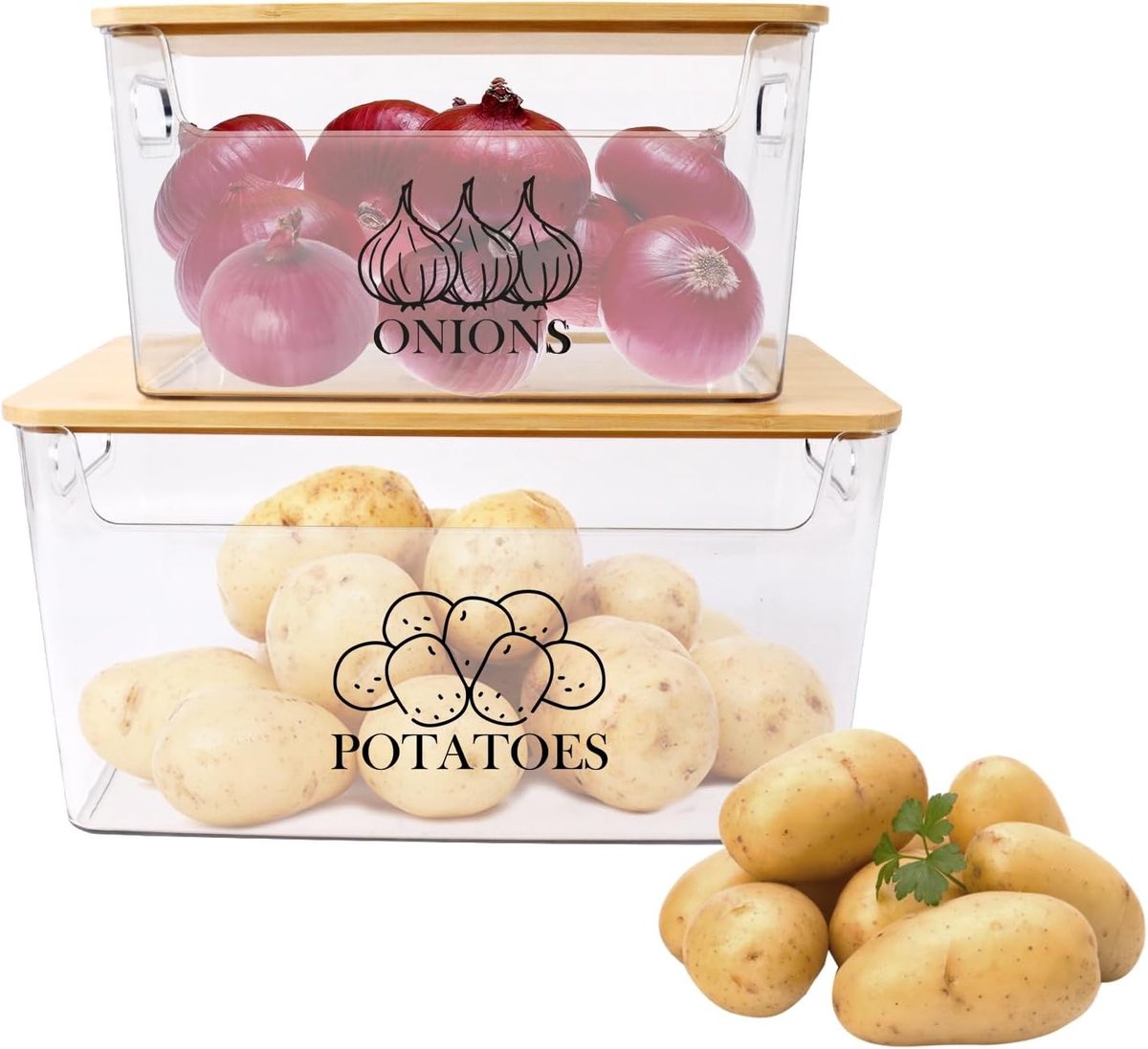 Transparante Acryl Aardappelstandaard - Set van 2 Stapelbare Opbergcontainers met Bamboedeksel voor Aardappelen, Groenten en Fruit