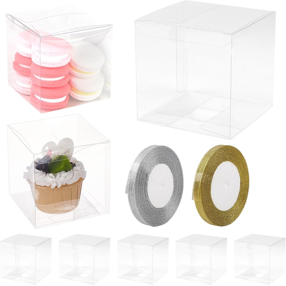 Dailygoods - lalago 30 stuks pvc-geschenkdozen, transparant, pvc, opvouwbaar, voor snoep, koekjes, chocolade, transparante verpakking met twee rollen gouden en zilveren linten (9 x 9 x 9 cm)