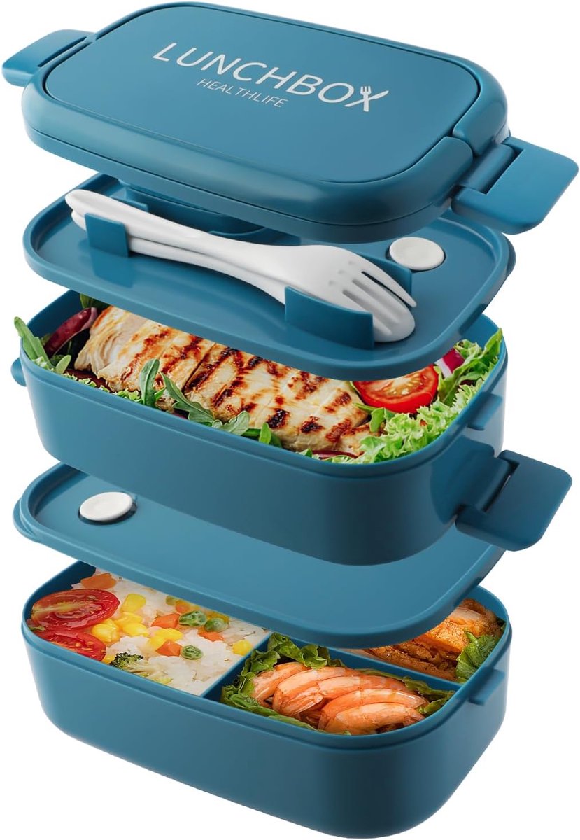 Thijox - Bento Lunchbox Stapelbaar 1400 ml, Lekvrij, 4 Vakken, Met Bestek, 2-laags, Magnetronbestendig, Voor Volwassenen en Kinderen, Ideaal voor Kant