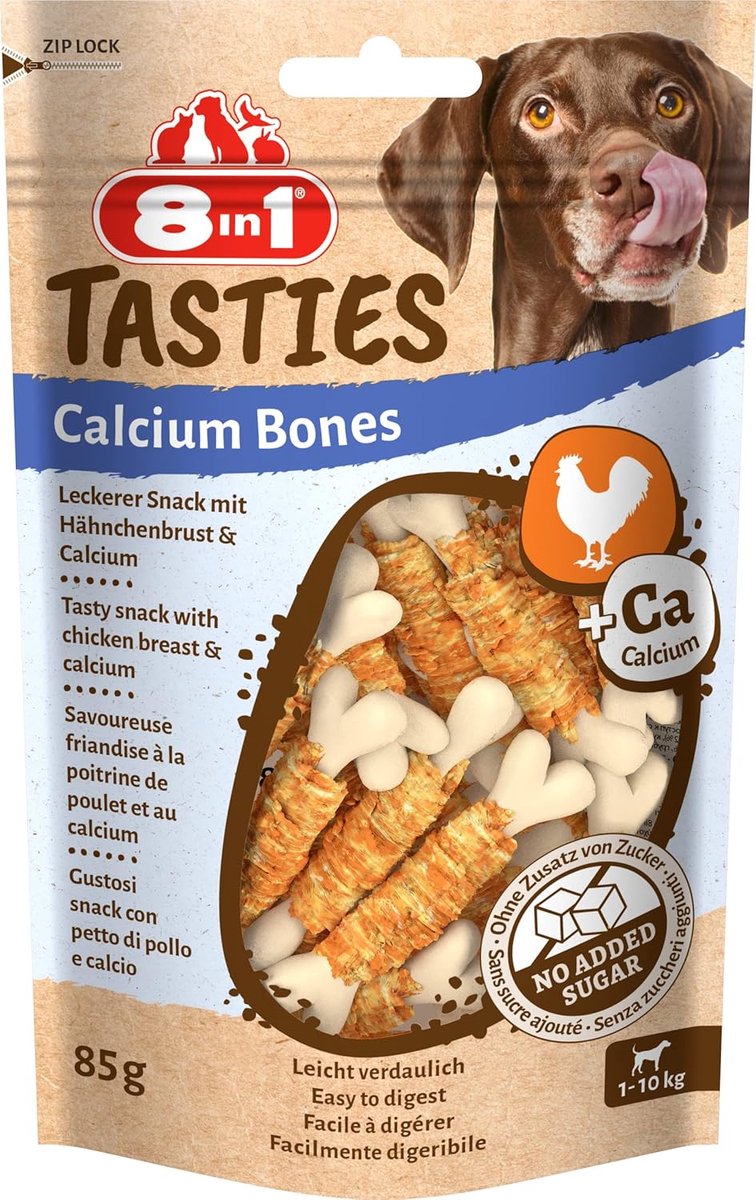 SnelShoppen - 8in1 Tasties Calcium Bones - Gezonde Calciumbotten voor Honden - Kipfilet Omwikkeld - Tussendoortje - 85g - Licht Verteerbaar - Vetarm -
