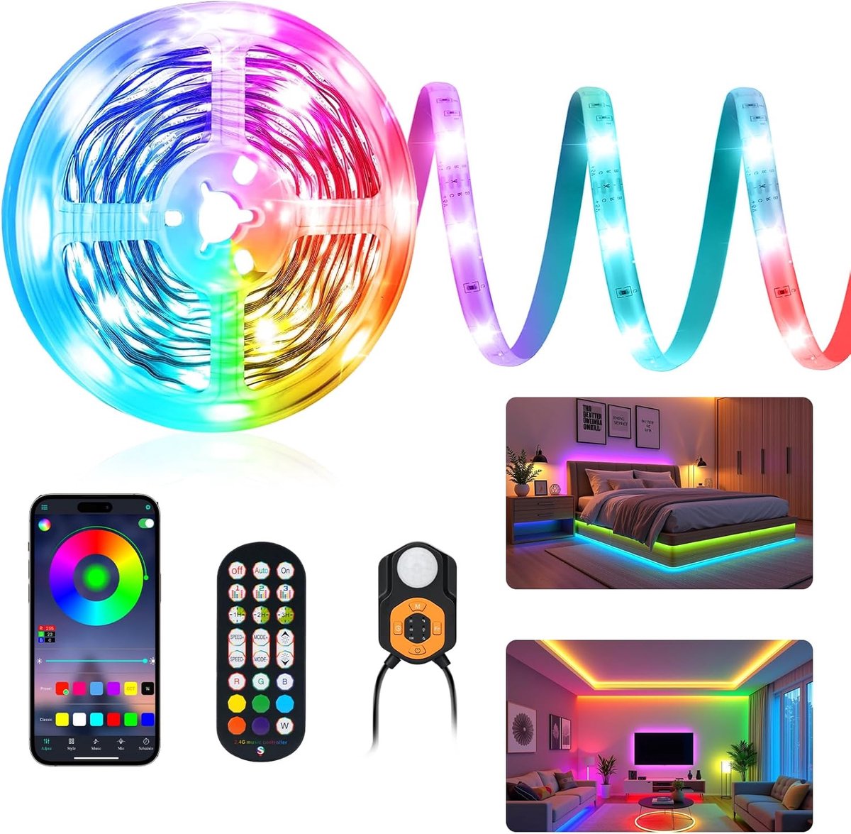 SnelShoppen - RGB LED Strip met Bewegingssensor 6m - Slimme LED Strip met App en 2.4G RF Afstandsbediening - Onderbed Verlichting voor Trap, Kast en S
