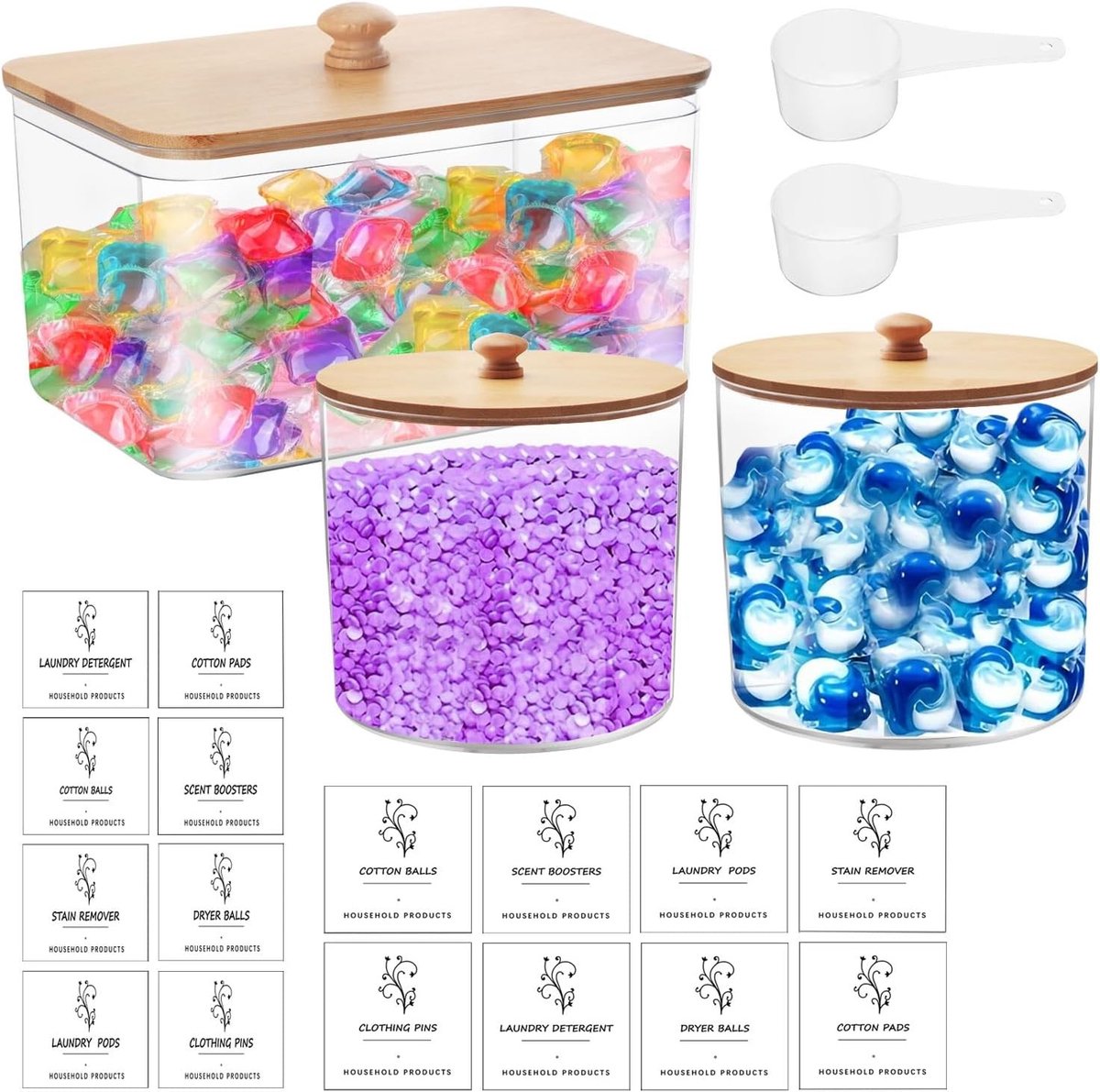 Set van 3 luchtdichte opbergdozen voor waspoeder met deksel, inclusief 16 stickers en 2 schepjes, ideaal voor wasmiddelen, badbombes en geurige wasverzorging