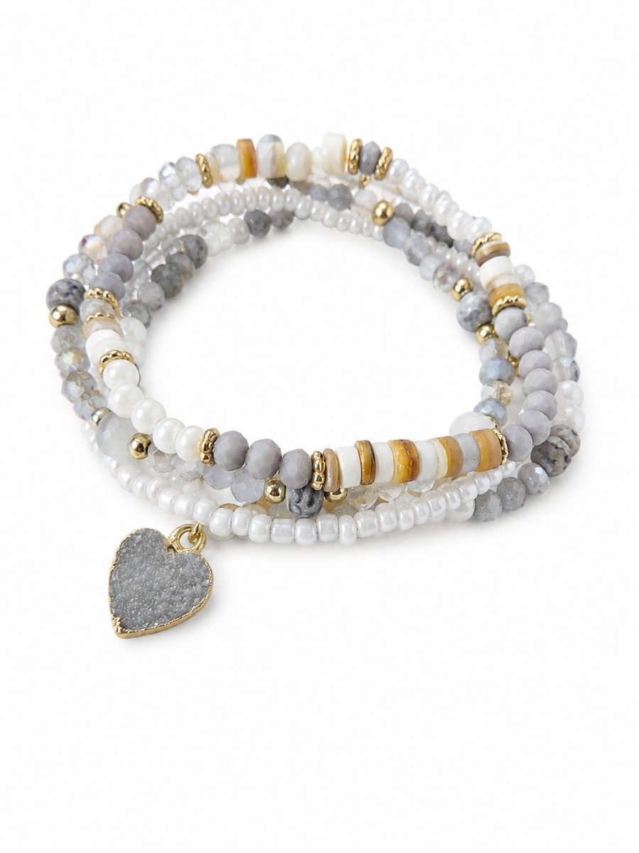 Armbandenset Dames- Set armbanden 3 stuks- Kralenarmband Hartje Ibiza- Grijs Wit Bruin- Vrouw- LiLaLove- Moederdag- Cadeau Vrouw- Armbandenset