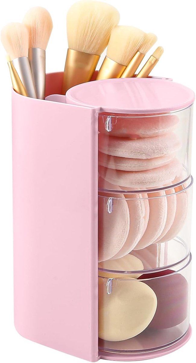 3-laags Make-up Borstelhouder met Organizer voor Haaraccessoires, Draaiende Desktop Organizer voor Make-up Spons, Sieraden en Haarclips (Roze)