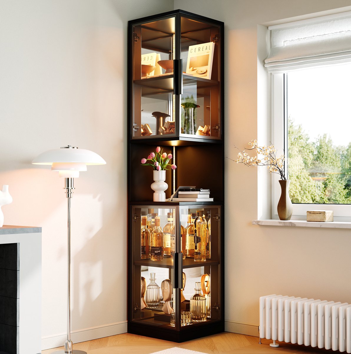 FloraGrace Vitrinekast - LED Verlichting Met Dubbele Glazen Deuren En Spiegelachterwand - Voor Woonkamer Of Eethoek - Zwart - 42x44x205 Cm