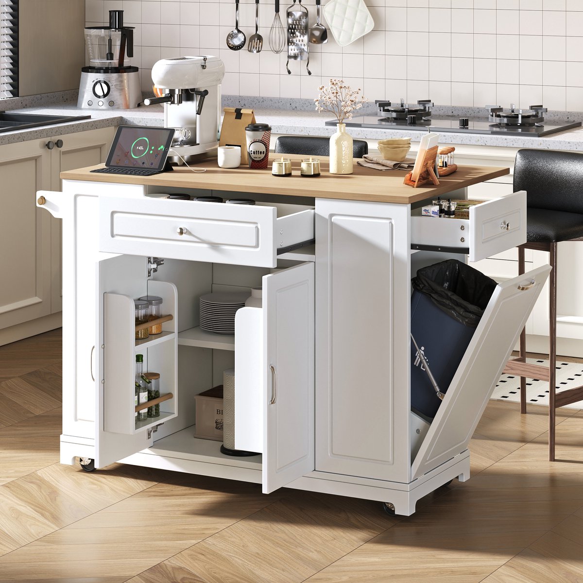 Intebiki - keukenkast - draagbaar - dressoir op wielen - Beschikt over multifunctionele lades en een afvalbakcompartiment - verrijdbaar keukeneiland - geschikt voor keukens en eetkamers - wit