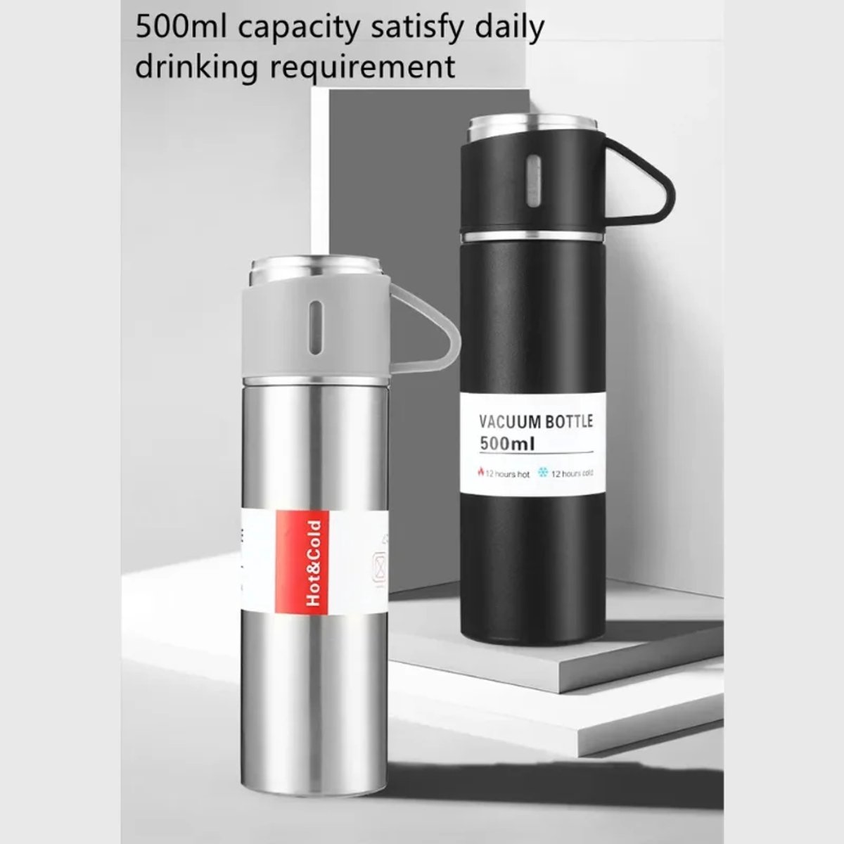 Thermosfles 500 ml met 3 Bekers – RVS Vacuümfles 12 Uur Warm en Koud – Lekvrije Isoleerfles voor Koffie en Thee – Reizen, Werk en Kamperen – Zwart – foto 8