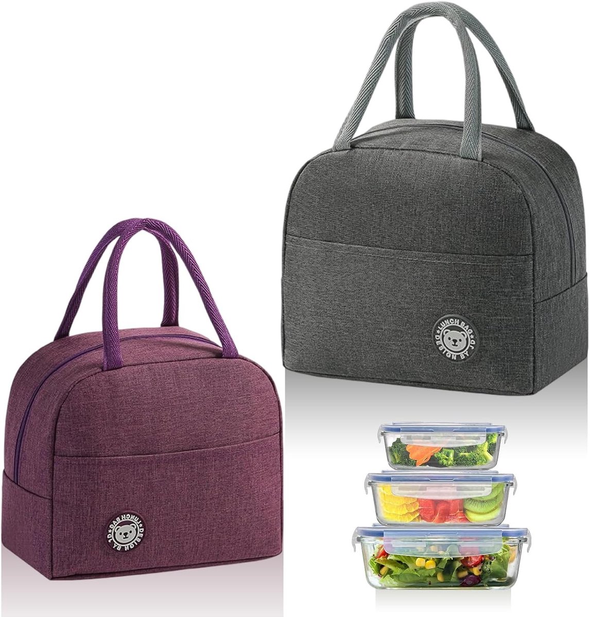 Vouwbare geïsoleerde lunchtas, koeltas voor onderweg, 2 stuks, ideaal voor fruit en maaltijden, 23 x 21 x 13 cm, grijs en paars