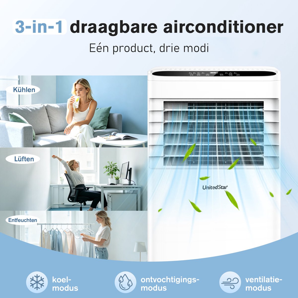 Draagbare Mobiele Airconditioner SKY-1A-7000 BTU-Snelle Koeling-Grote Luchtstroom-Geschikt voor 15-25 m²-3-in-1 Functie-Koelen-Ontvochtigen en Ventileren-Ideaal voor Warme Zomerdagen — afbeelding 14