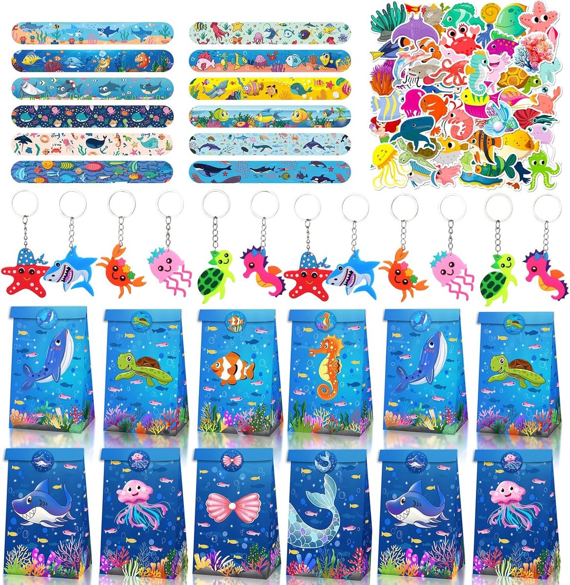 Thijox - 86 stuks zeedieren feestaccessoires, kinderverjaardag, oceanen thema, sleutelhangers, klikarmbanden, stickers en cadeauzakjes voor jongens en