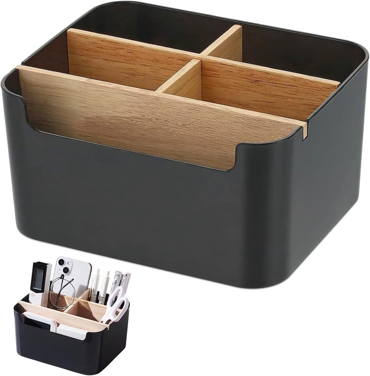 Thijox - Bureau-organizer met 5 vakken, bamboe, zwarte penhouder, opbergdoos voor pennen en kleine voorwerpen, perfect voor kantoor en thuis