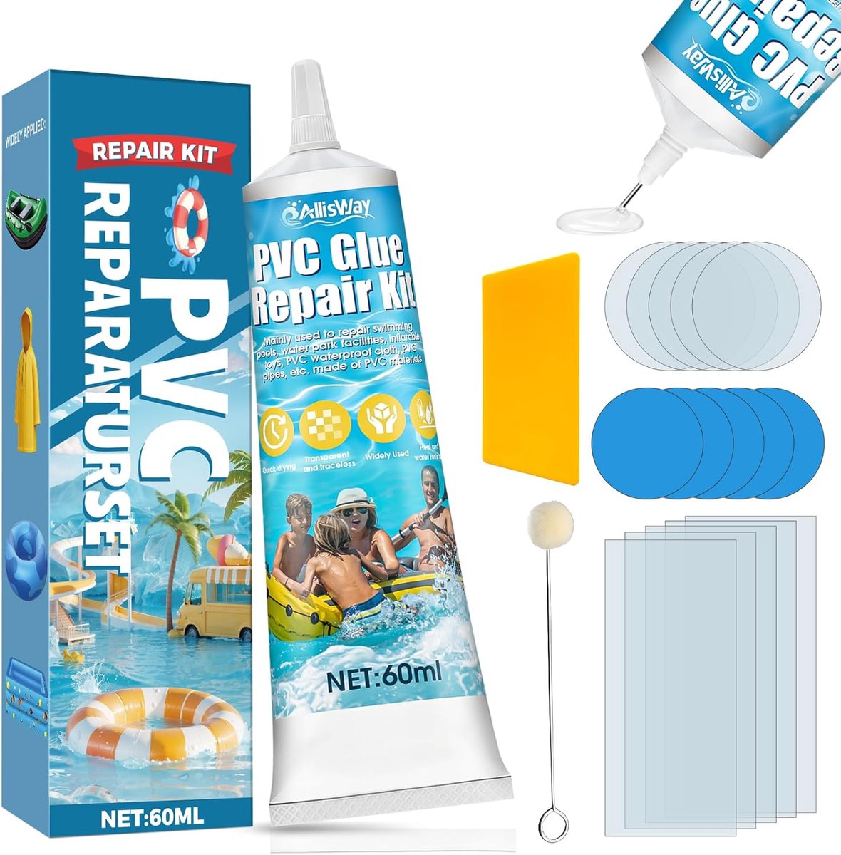 Thijox - Reparatieset voor Opblaasbare Matrassen, Zwembad, PVC-Lijm 60 ml met 10 Transparante Patches, Geschikt voor Kajaks, Tenten, Luchtbedden en Bo