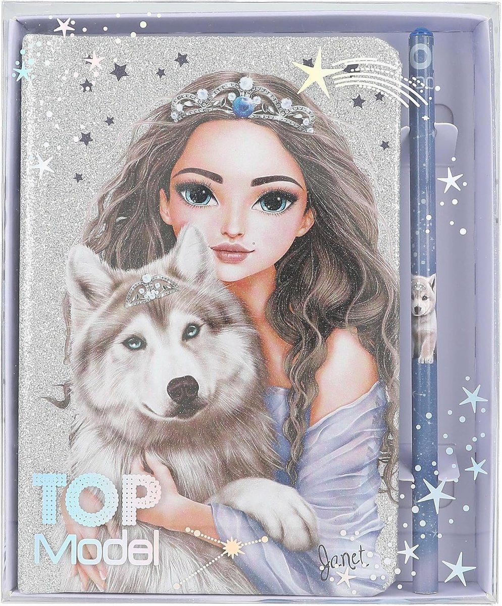 Thijox - Notitieboek Wolf - Glinsterend Zilver en Blauw - 160 Pagina's - Inclusief Potlood - Creatief Schrijven voor Kinderen - Wolvenmotief en Sterre
