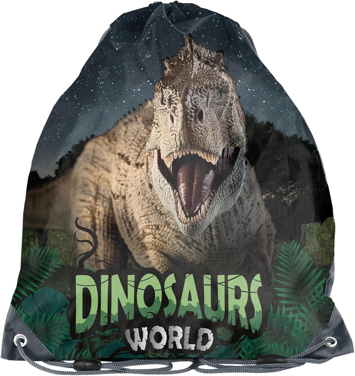 Thijox - Kindergymtas / Sporttas 36 x 32 cm - Dinosaurus Wereld - Zwart/Bruin/Groen - Duurzaam Materiaal - Ideaal voor Kinderen, Sport, School en Reiz