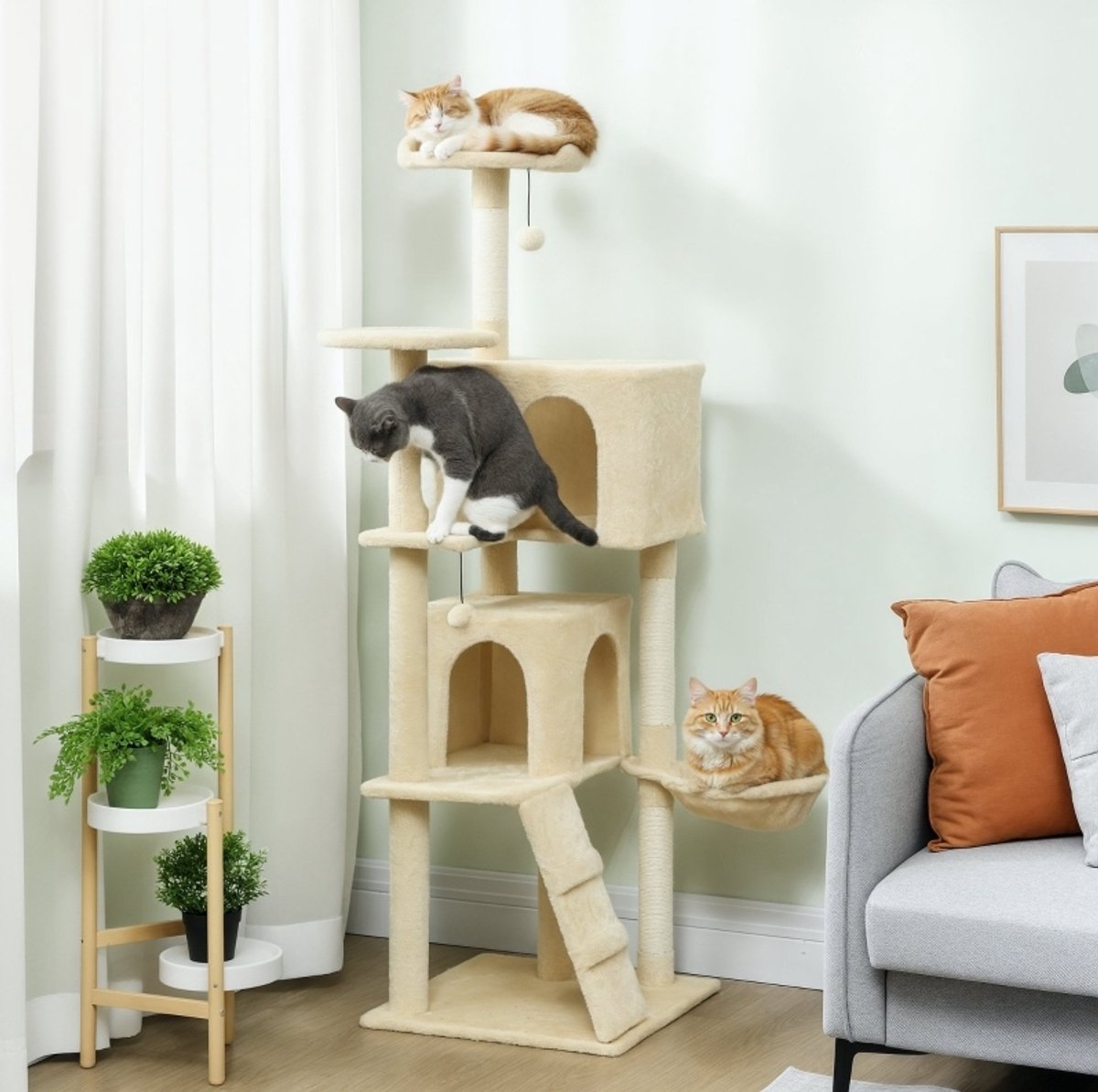 HAUSS SPOLE Krabmeubel – Krabpaal 48 X 48 X 160 Cm – Met Hangmat En Huisje – Polyester En Sisal – Beige – Voor Krabben Klimmen En Rusten