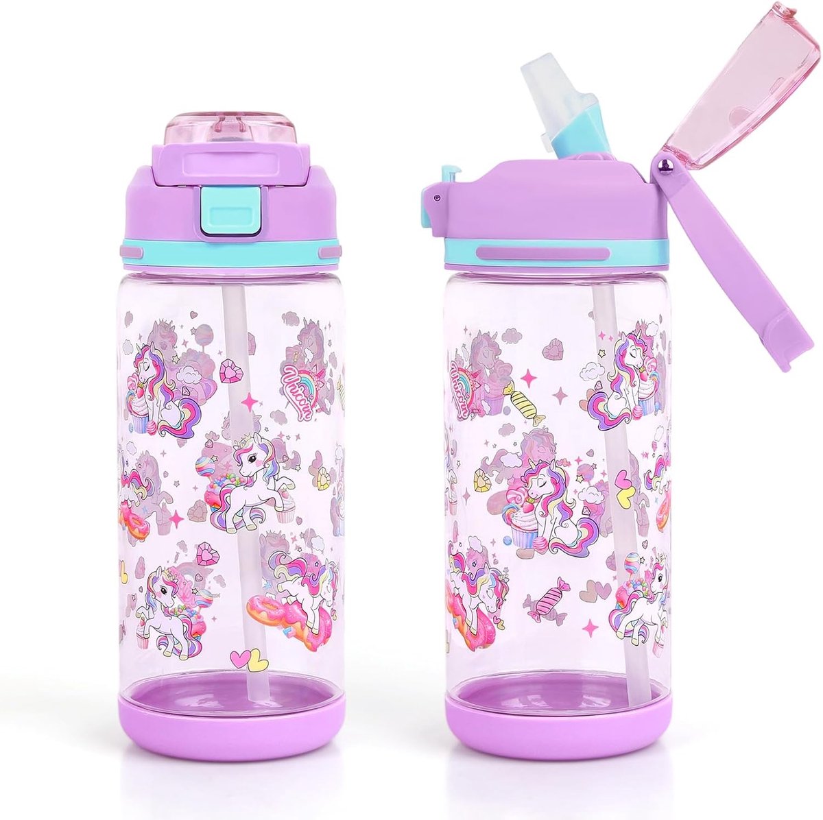 Thijox - Decalsweet Drinkfles voor Kinderen met Rietje - 600 ml BPA-vrije Lekvrije Waterfles voor School en Sport - Paars met Eenhoorn Design voor Mei