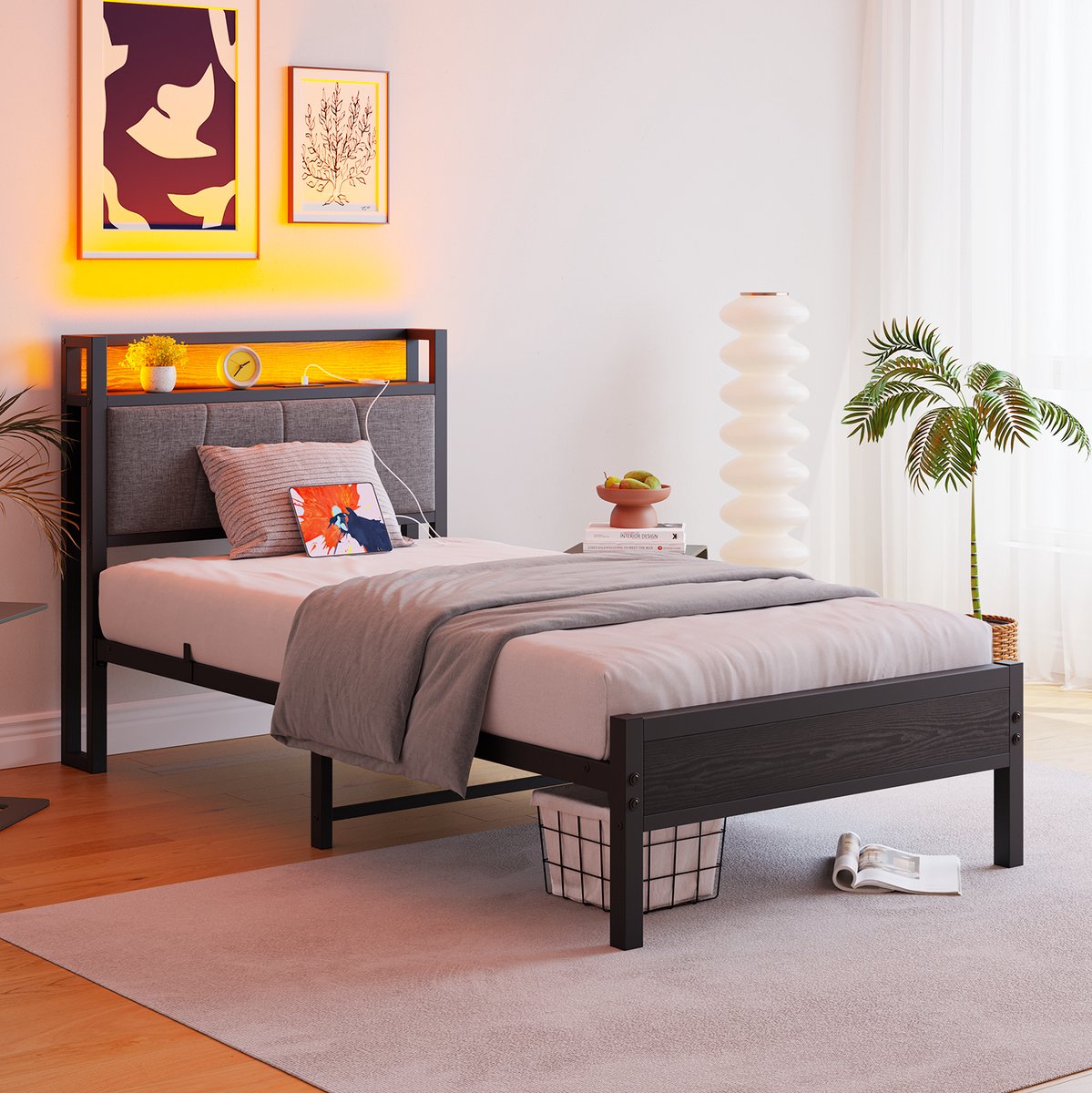 FloraGrace Bed 90x200 cm - LED en USB Oplaadstation - Opbergkopbord - Metalen Lattenbodem - Eenpersoons MDF Metaal - Zwart - Zonder Matras