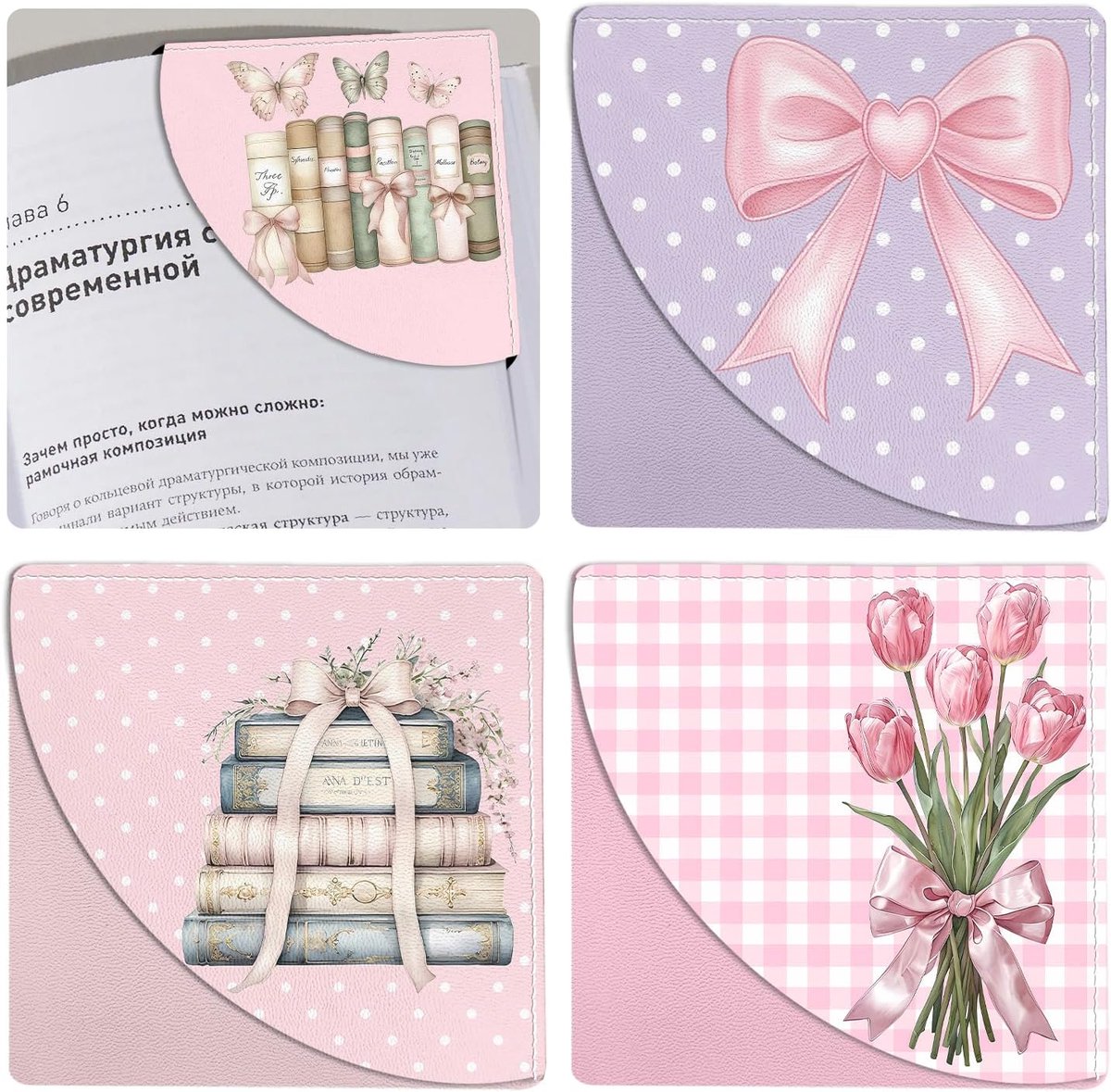Thijox - Roze Lederen Bladwijzers 4 Stuks - Schattige Strik Boekenleggers - Hoekpagina Boekenmarkeringen - Perfecte Leesgeschenken voor Vrouwen, Kinde