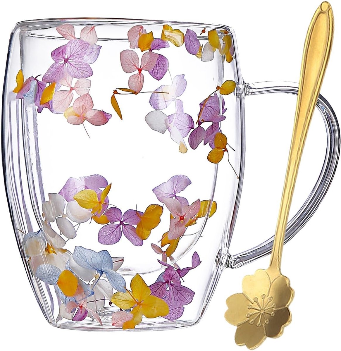 Stijlvolle Dubbelwandige Glazen Koffiemokken met Gedroogde Bloemen - Schattige Theekopjes met Handvatten, Perfect als Cadeau voor Vrienden, Leraren en Moeders