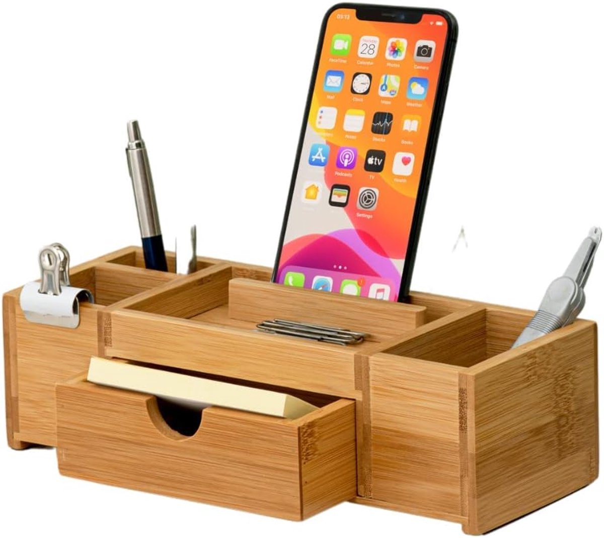 SnelShoppen - Bamboo Desk Organizer - Duurzame Houten Bureau Organizer met Lades, Opbergvakjes, Pennenhouder & Telefoonhouder - Desk Organizers & Acce
