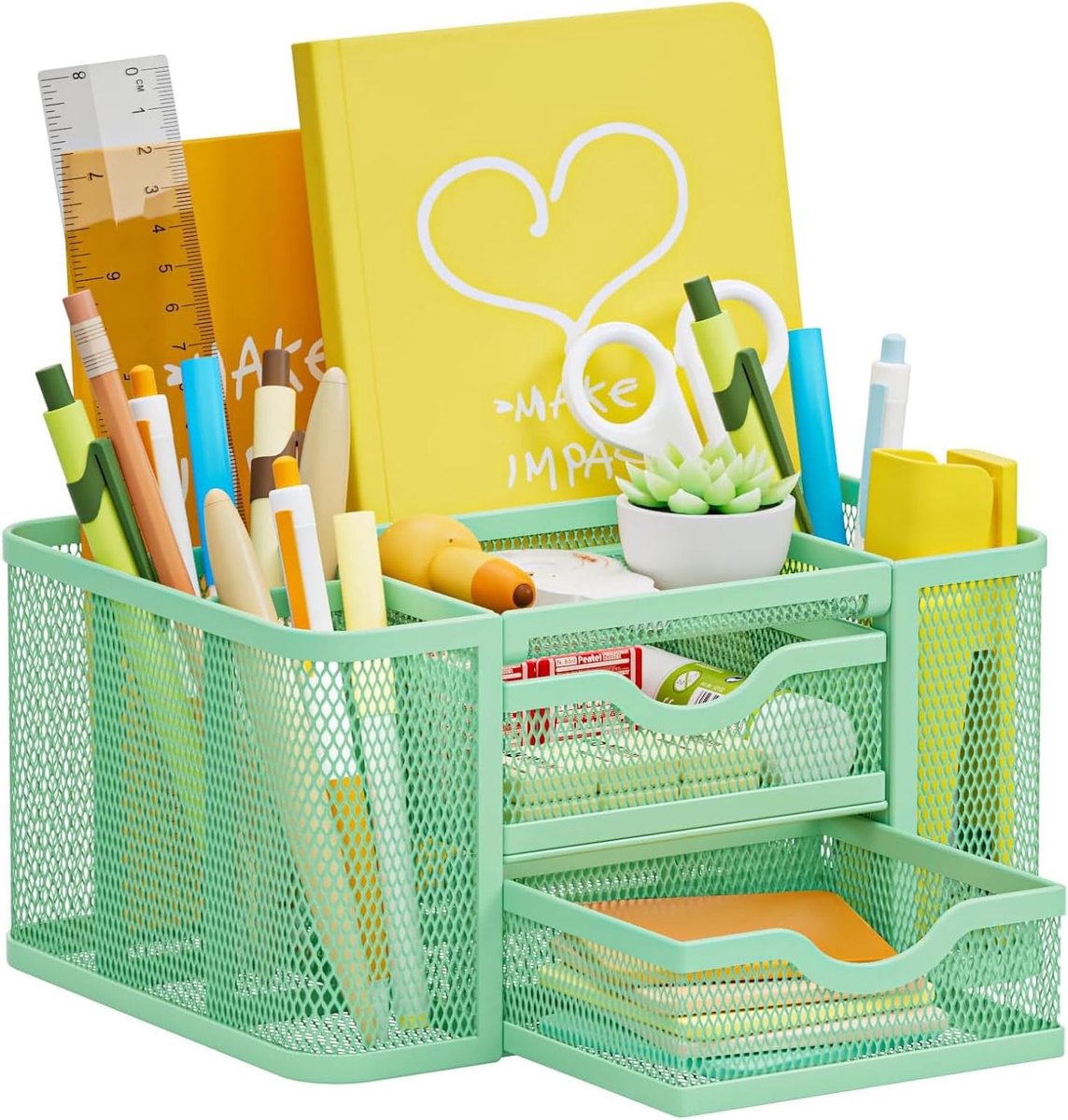 SnelShoppen - Marbrasse Bureau-organizer, multifunctionele pennenhouder met 2 laden, groene bureau-opbergaccessoires voor thuis en kantoor