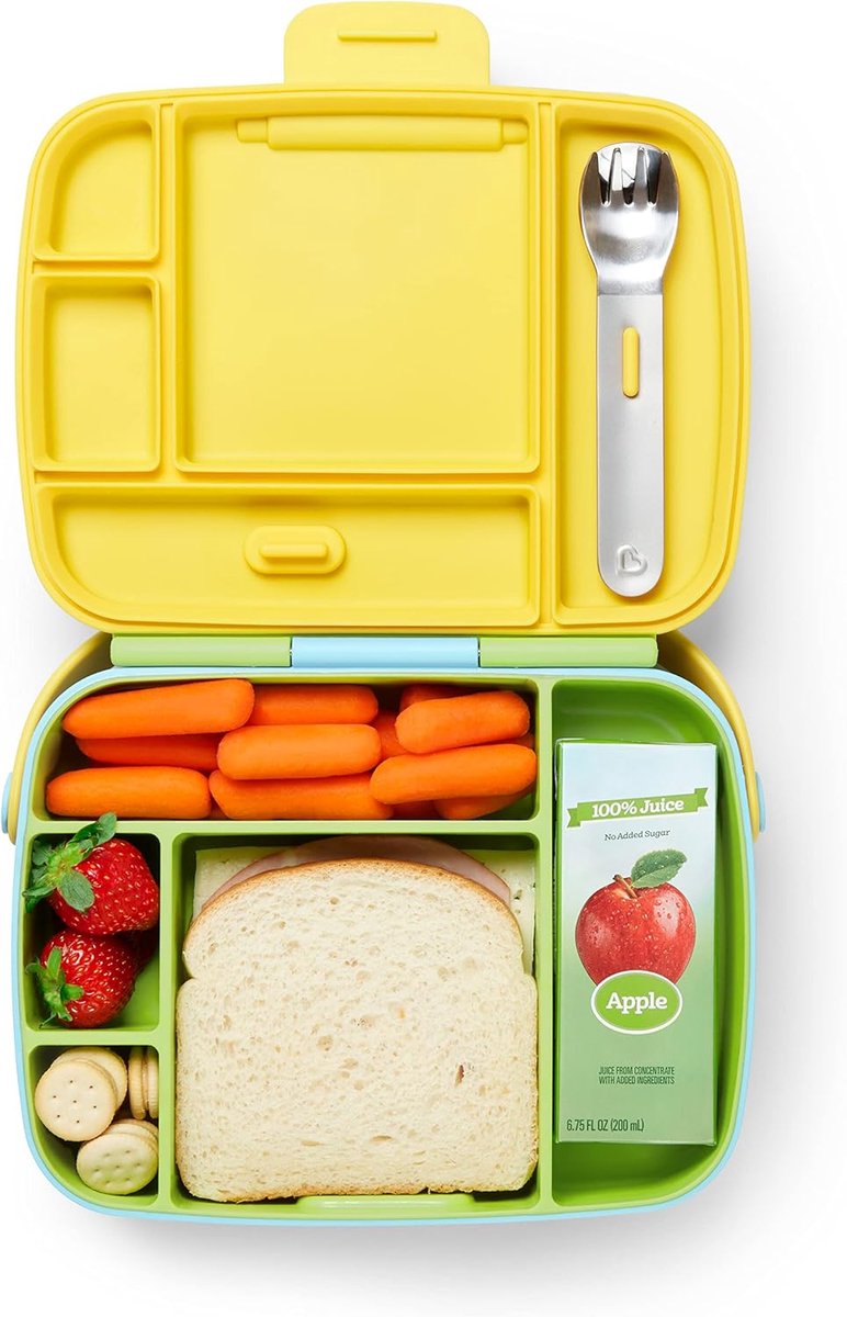 SnelShoppen - Munchkin Lunchbox voor Baby's en Peutertjes, 5 Vakken, Snackbox met Roestvrijstalen Bestek, Ideaal voor Thuis en Onderweg, Compact en Ha