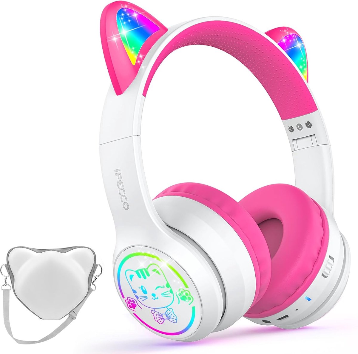 Thijox - Kinderhoofdtelefoon met Microfoon, Draadloze Bluetooth Koptelefoon voor Kinderen, 50U Speeltijd, Over Ear, Roze-Wit, Ideaal voor School, Tabl