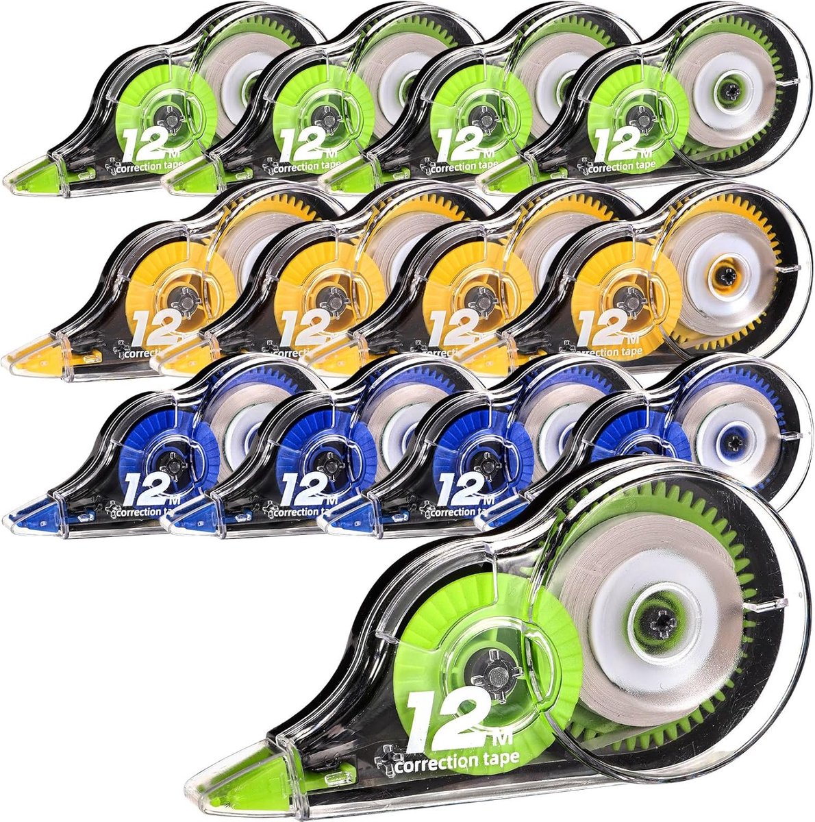 SnelShoppen - 12 Stuks Correctietape Set - 5mm x 12m Correctie Roller met Beschermkap - Perfect voor School, Kantoor en Thuis - Groen, Blauw, Geel