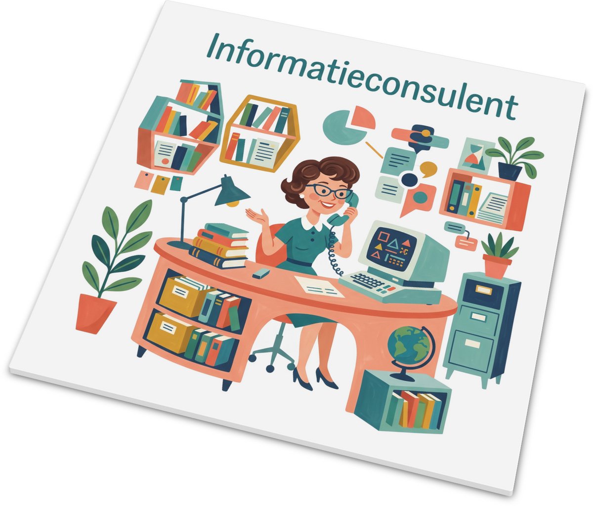Mat wandtegeltje met spreuk Informatieconsulent Mid-Century gouache stijl kantoor illustra