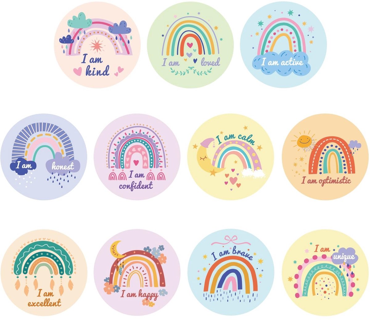 Inovra- Klasdecoraties 55 Stuks - Positieve Uitspraken - Accenten voor Prikbord - Bevestigingsstation - Muurbenodigdheden - 15 cm Diameter - Klaslokaaldecoratie
