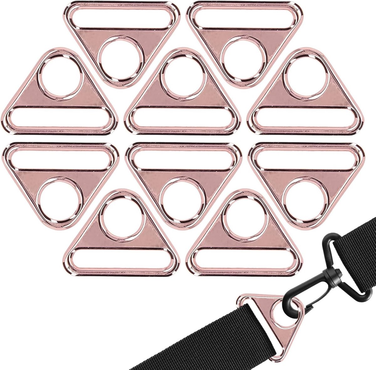 Set van 10 Triangulaire Gespen van Zinklegering, 38mm Verstelbare Ringen voor Rugzakken, Meervoudige D-ring Gespen voor Luggage en Webbing Accessoires in Rosé Goud