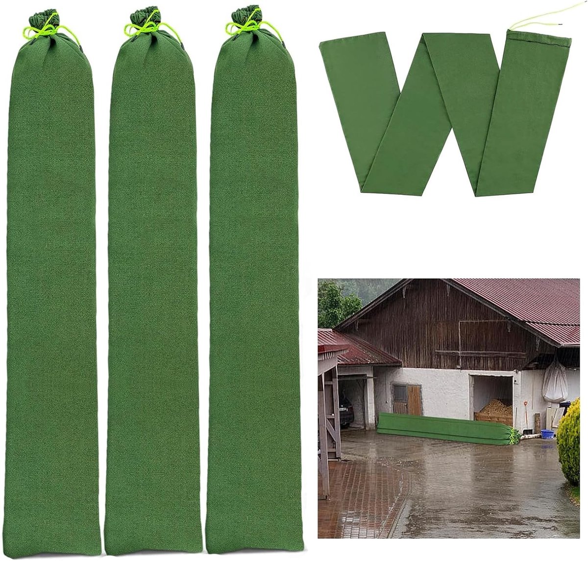 Herbruikbare zandzakken voor hoogwaterbescherming, set van 4 met bevestigingsbanden, ideaal voor garage, deuren en kelder, afmetingen 120 × 20 cm