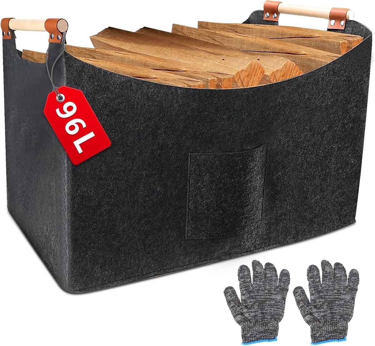 Grote Vilt Houtmand voor Haardhout, 96 L, 60 x 40 x 40 cm, Vouwbare Mand met Houten Handvat en Handschoenen, Ideaal voor Haardhout en Boodschappen