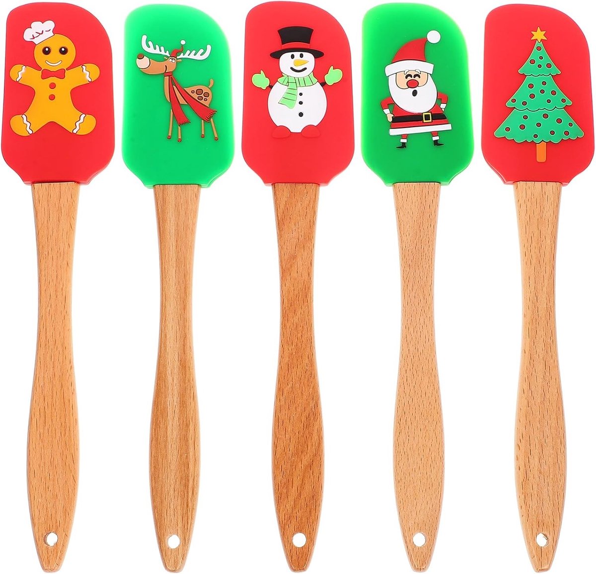 Set van 5 Siliconen Spatels met Houten Handvat, Deegschraper en Bakspatel voor Koekjes en Taarten, Ideaal voor Kerst en Bakken