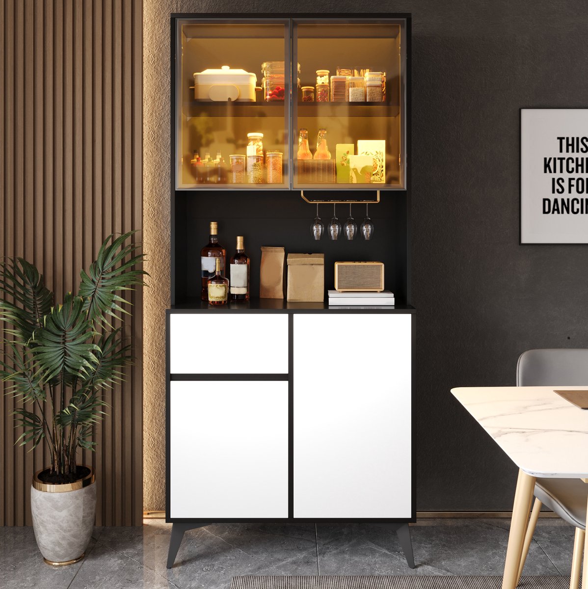 FloraGrace Buffetkast - Met App Regelbare Ledverlichting En Glazen Deuren - Met Lade En Opbergruimte Voor Keuken En Woonkamer - MDF - 80x40x180 Cm - Zwart Wit