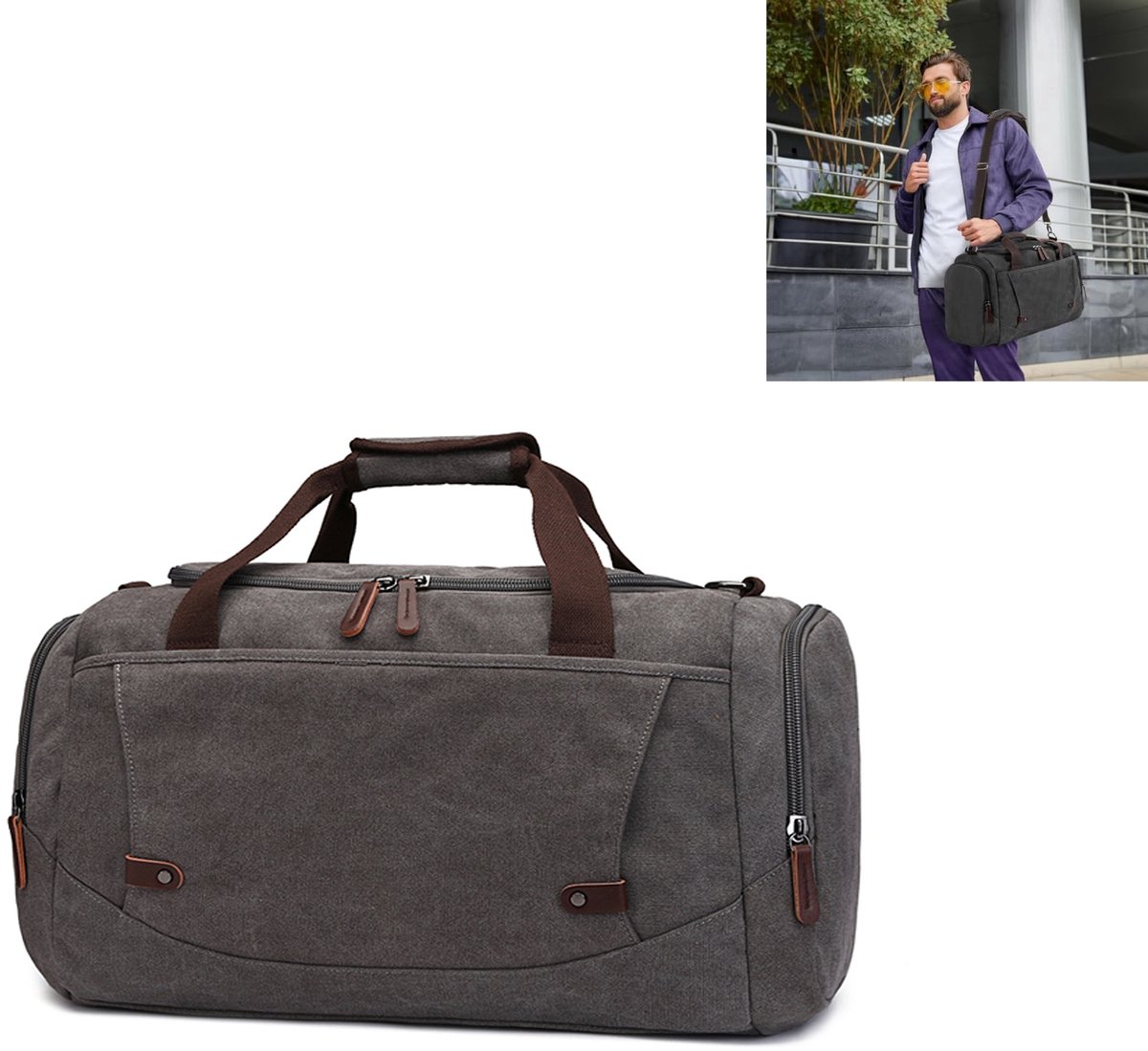 KZQ Stijlvolle canvas reisduffel voor dames en heren - Multifunctionele weekendtas voor overnachting en reizen - Grijs