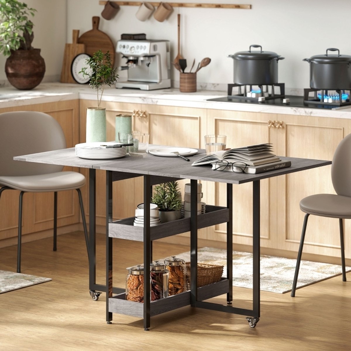 MEUNIQ opklapbare eettafel 133,4 x 80 x 75 cm met 2 open opbergvakken en wielen, klaptafel voor 2-4 personen voor keuken of eetkamer, grijs