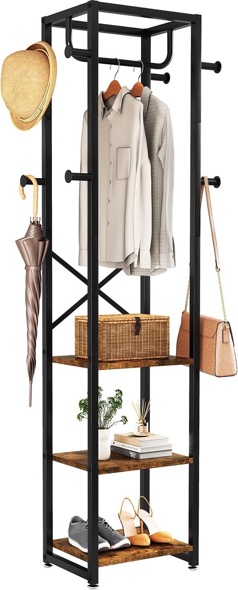 Kapstok, vrijstaande kapstok met 3 planken en 8 haken, industriële kledingstandaard voor entree, hal, slaapkamer, 180 x 40 x 30 cm, rustiek bruin TMJ088H