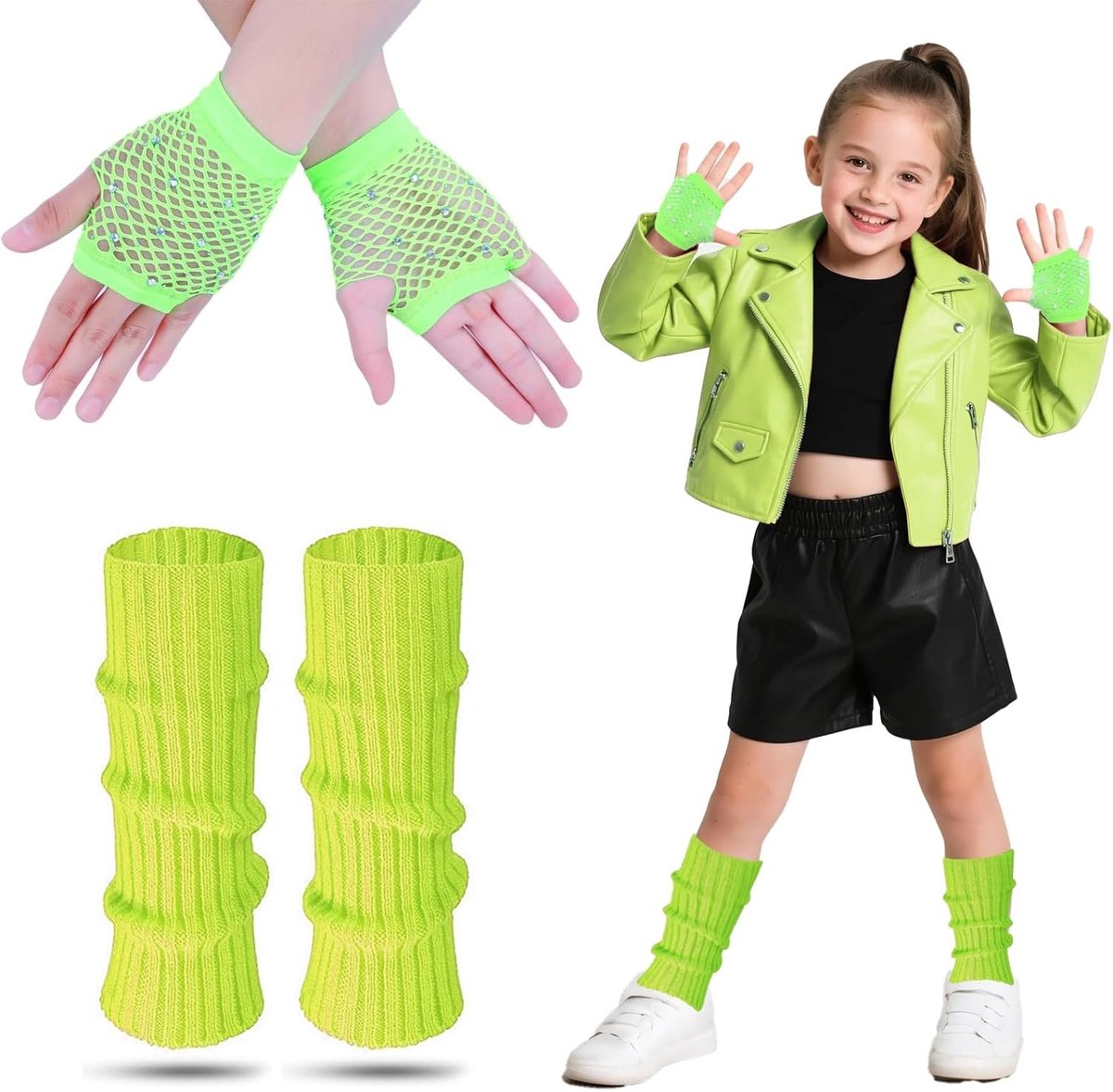 Knielange Legwarmers in Roze voor Kinderen met Neon Visnet Handschoenen, Perfect voor 80s Kostuums en Feestjes, Accessoires voor Meisjes