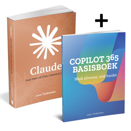 Twee boeken: 'Claude' oranje met witte ster en circuitpatroon, 'Copilot 365 Basisboek' blauw/regenboog.