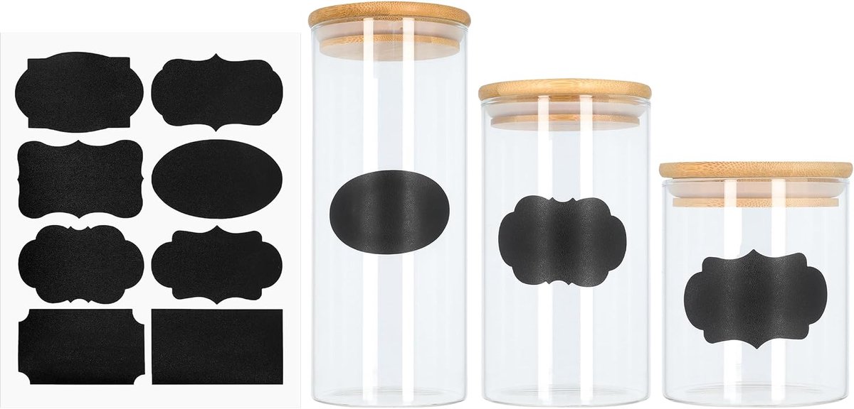 Thijox - Set van 3 Glazen Voorraadpotten met Houten Deksel en 80 Krijtstickers - Ideaal voor Koekjes, Pasta en Droog Voedsel - Stijlvolle Keuken Organ