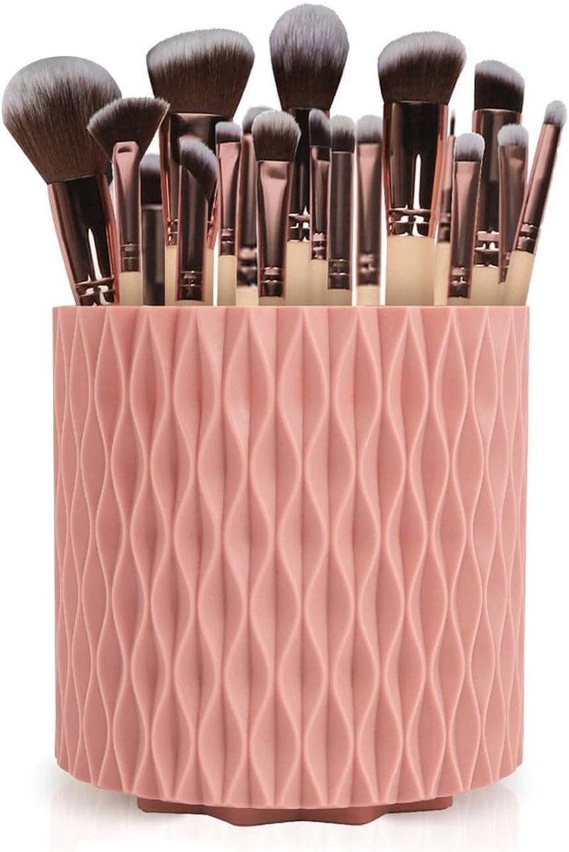 Thijox - Set van 18 Cosmetische Kwasten met Draaibare Opbergemmer en Sponsset - Professionele Make-up Gereedschappen met Bamboe Handvat - Roze Kleur v