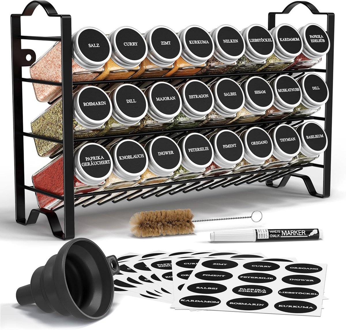 Thijox - Kruidenrek Met Kruidenpotjes - 3-Laags Metalen Kruiden Organizer - 24 Potjes, 48 Etiketten, Borstel, Trechter, Haken - Vrijstaand of Aan de M