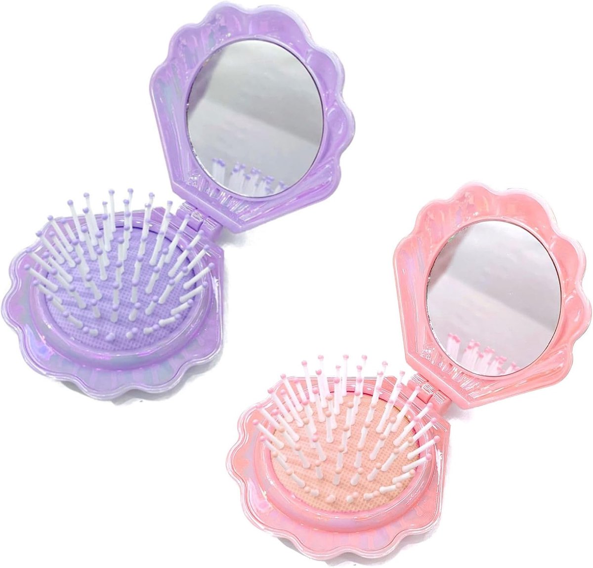Thijox - 2 Stuks Mini-Haarborstel met Spiegel - Inklapbare Reis-Haarborstel voor Dames - Hoofdmassaborstel - Praktische Kleine Haarborstel in Paars en