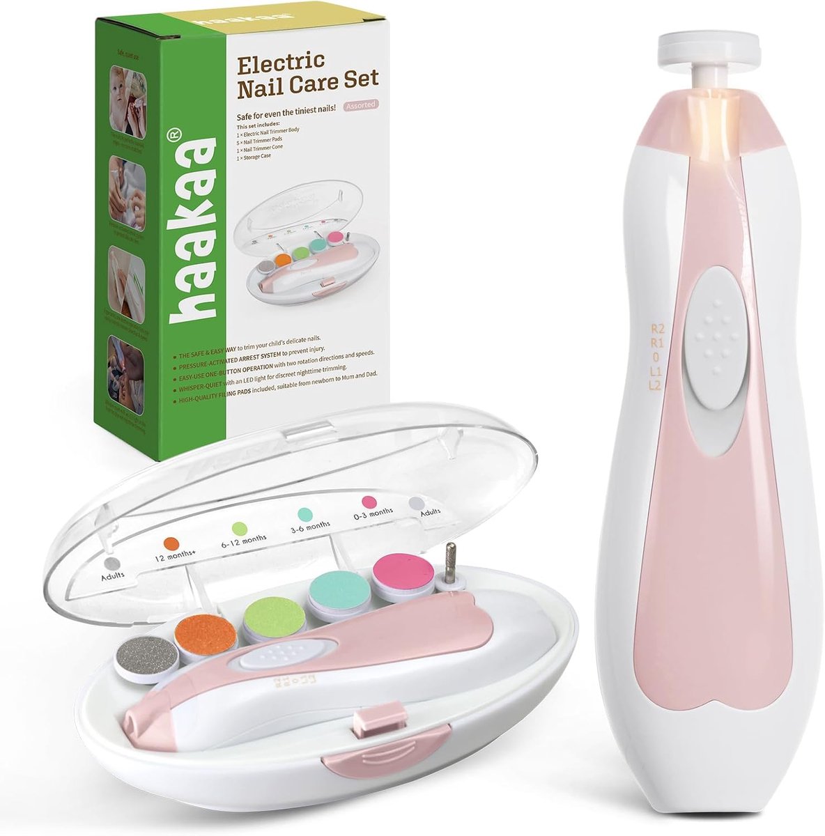 Thijox - Elektrische Babynagelknipper en Vijlset met 6 Vijlkoppen, LED-Licht, Veilig voor Pasgeborenen, Peuters en Volwassenen, Roze