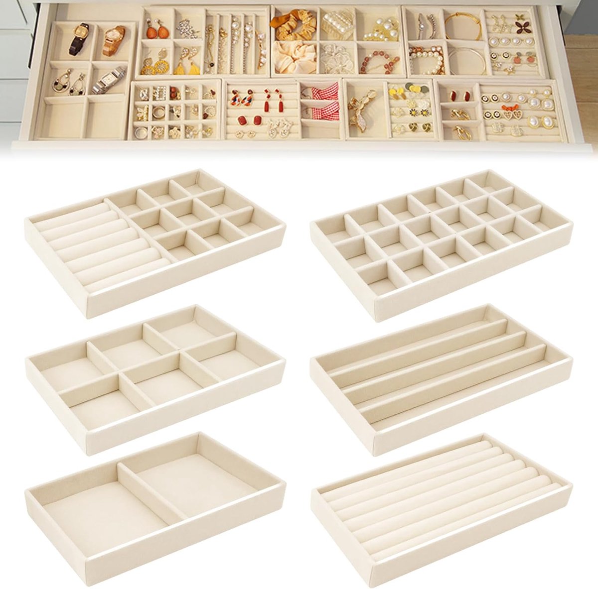 SnelShoppen - Set van 6 Sieraden Dozen, Velvet Lade Organiser, Stapelbare Sieraden Organizer, Lade voor Oorbellen, Ringen, Armbanden, Broches, Ketting