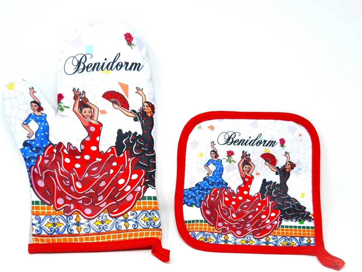 Thijox - Benidorm Ovenhandschoen en Pannenlap - Keukenhandschoenen, Ovenwant met Traditionele Spaanse Flamingo Motief - Set van 2, Ideaal voor Koken e